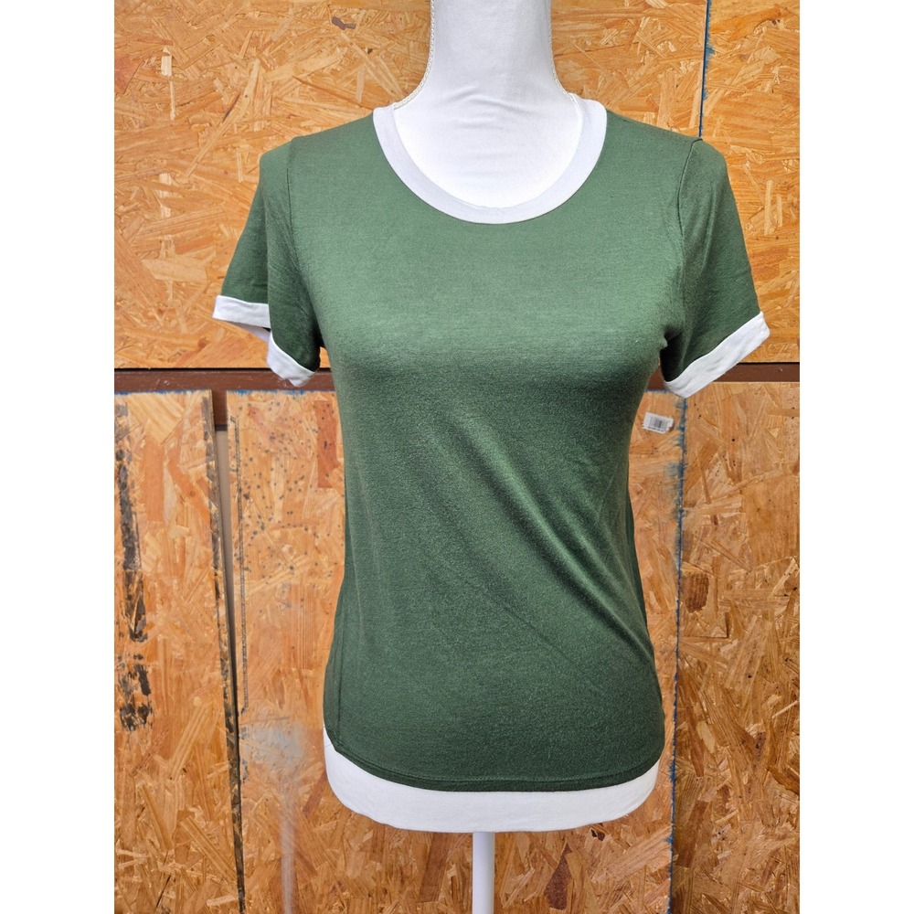 Molly + Rose Womens Green White Ringer Tee Short Sleeve Rayon Spandex Top S - Picture 2 of 10